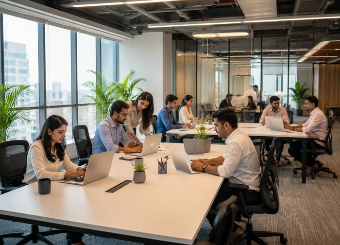 An open-plan office floor with staff working at matched laptops across long desks.