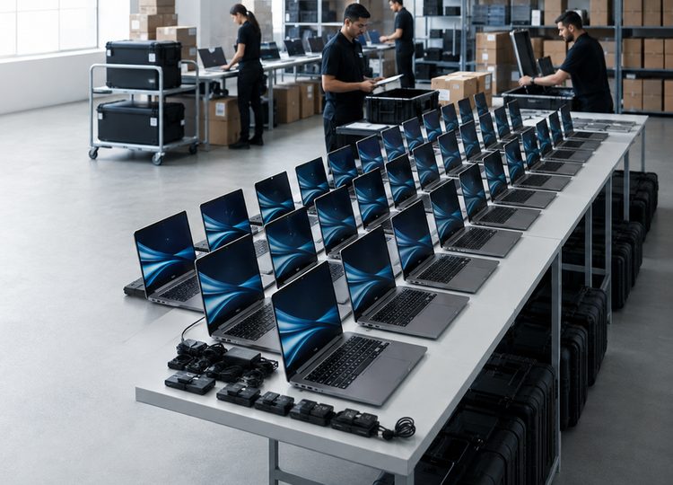 A long bench of matched laptops open in rows, chargers laid out and flight cases underneath, while staff check them off.