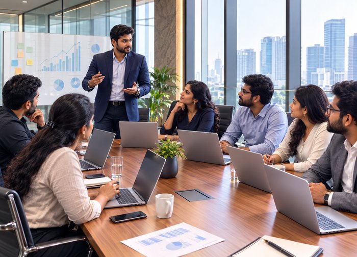 A boardroom presentation to a seated team, each with a laptop open in front of them.