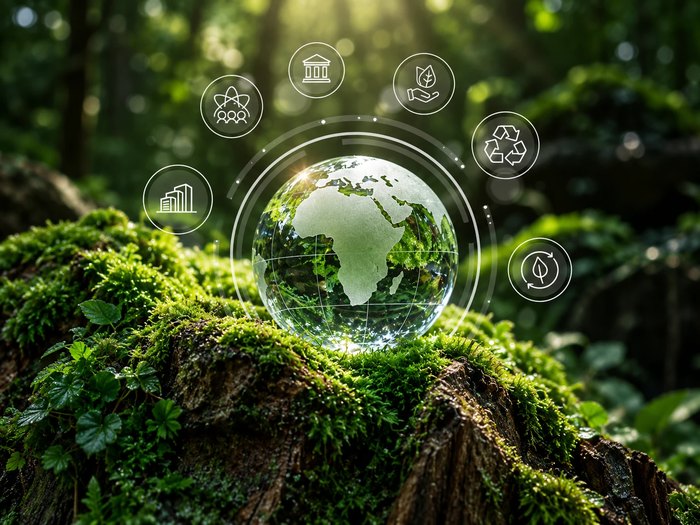 A glass globe resting on moss in a sunlit forest, ringed by outline icons for recycling, conservation and industry.