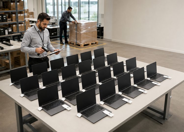 Rows of matching laptops open on a bench, each one scanned and ticked off before it goes out.