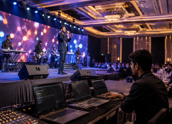 A technician at a front-of-house control desk working across three open laptops, with a band performing on a lit stage beyond.