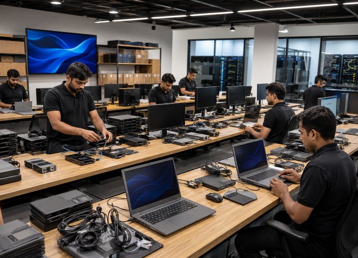 A staging floor where staff prepare laptops, monitors and cabling in rows before dispatch.