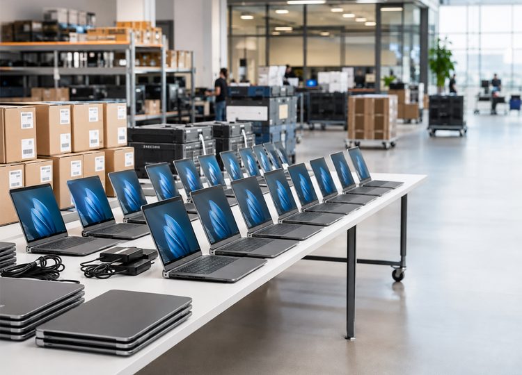 Rows of identical laptops open on a warehouse table, chargers coiled beside them, boxed stock behind.