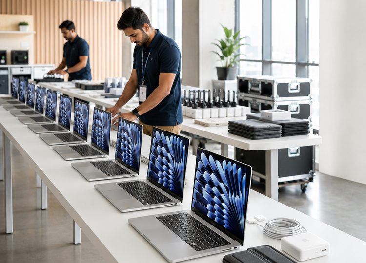 A long bench of matched MacBooks open in a row, chargers and cases stacked behind, while staff prepare them.