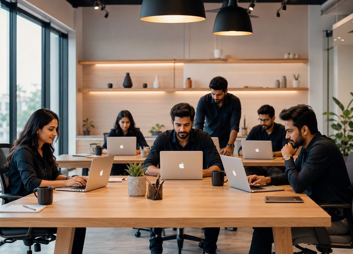 A team working at matched MacBooks around a shared bench in an open office.