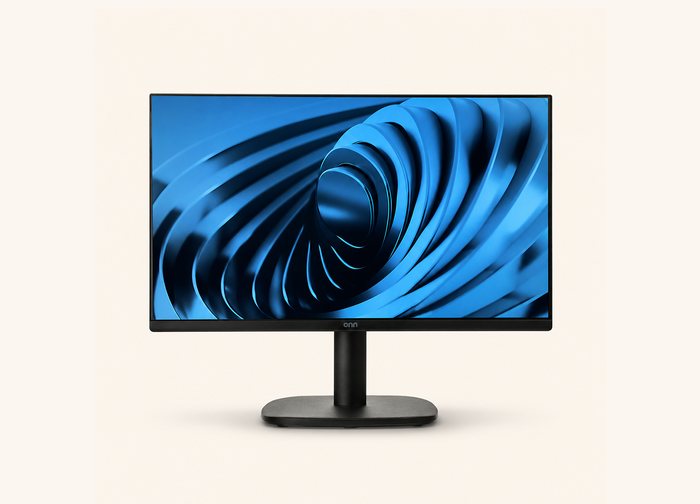 A widescreen monitor on a weighted stand, seen straight on.