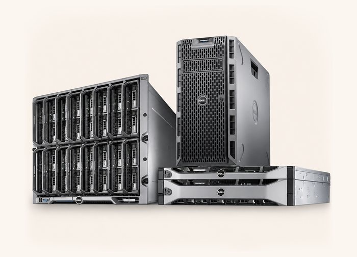 A blade chassis, a tower server and two rack servers grouped together.