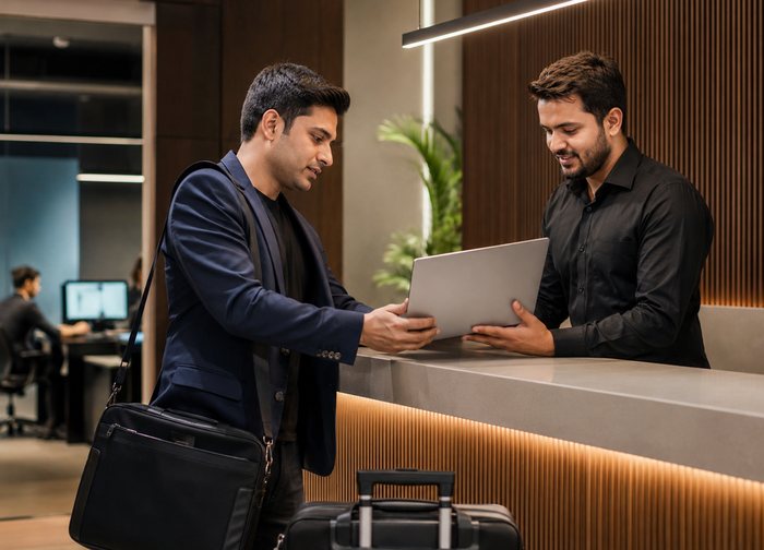 A visitor with a laptop bag collecting a machine over a reception counter.