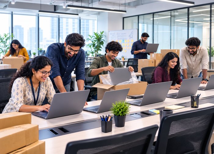 A startup team unboxing and setting up matched laptops along a shared desk.