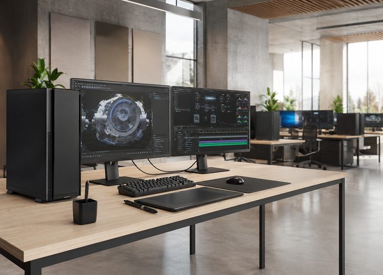 A tower workstation beside two monitors running CAD and video editing, with a graphics tablet on the desk.