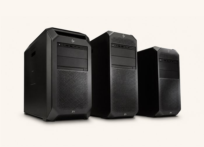 Three black tower workstations of different sizes, lined up front to back.